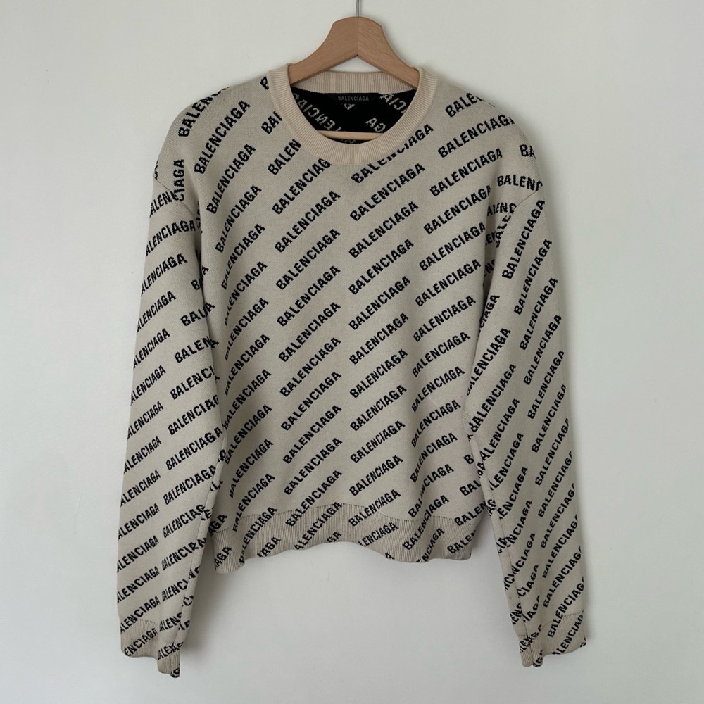 SOLD Balenciaga Beige and Black Reversible Logo Knit Sweater – Size Large